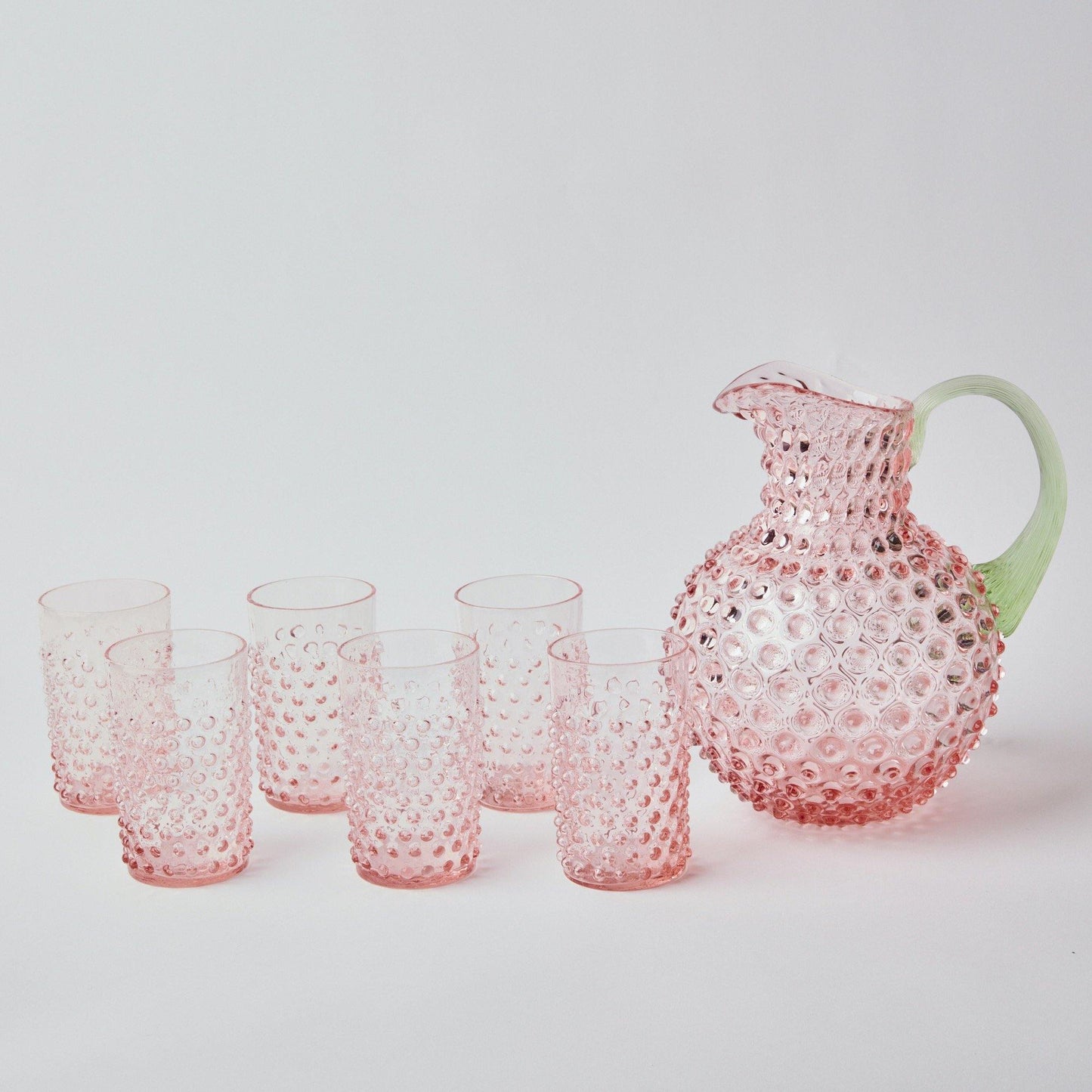 Rose Hobnail Jug with Emerald Handle & Glasses (Set of 6)