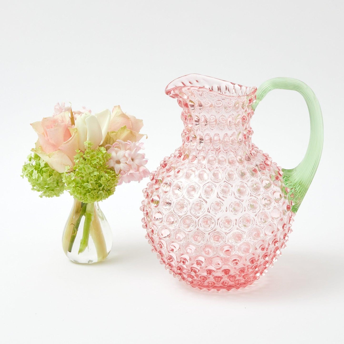 Rose Hobnail Jug with Emerald Handle & Glasses (Set of 6)