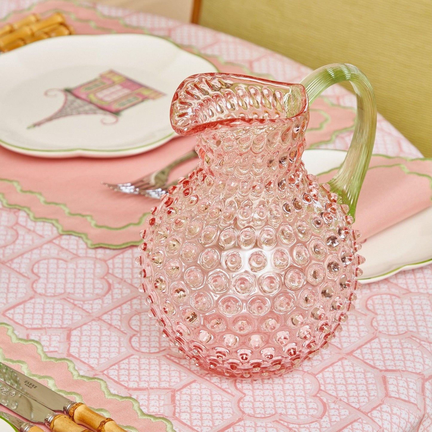 Rose Hobnail Jug with Emerald Handle & Glasses (Set of 6)