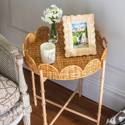 Round Scalloped Rattan Tray With Stand