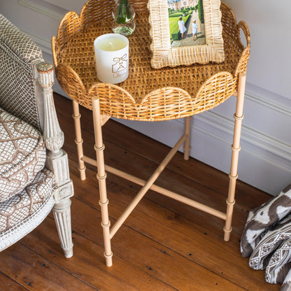 Round Scalloped Rattan Tray With Stand