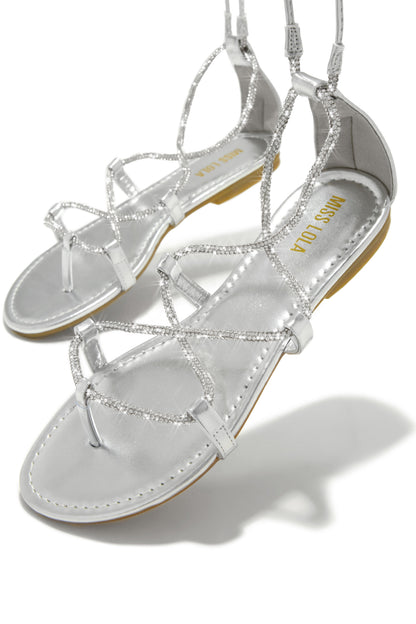 Vegas Weekend Embellished Lace Up Sandals - Silver