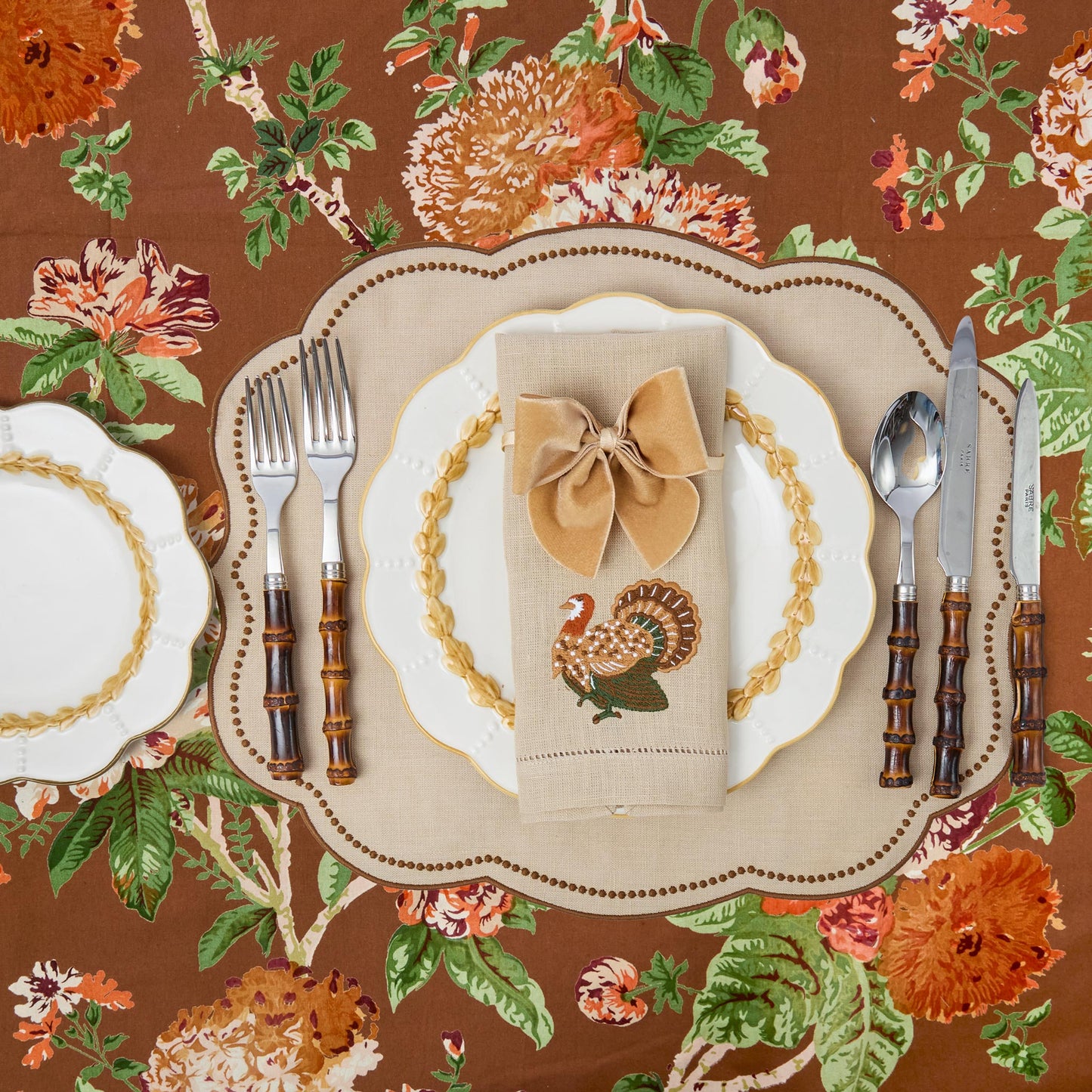 Taupe & Chocolate Eloise Linen Placemats & Turkey Napkins (Set of 4)