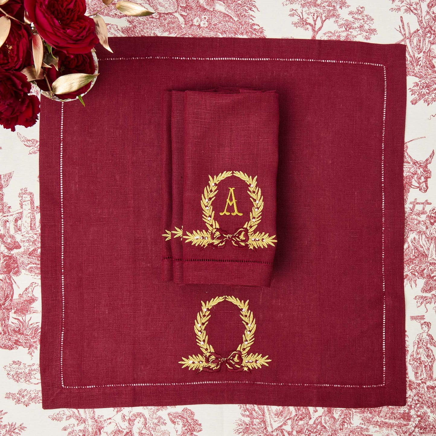 Burgundy Linen Placemats & Gold Bow Garland Napkins (Set of 4)