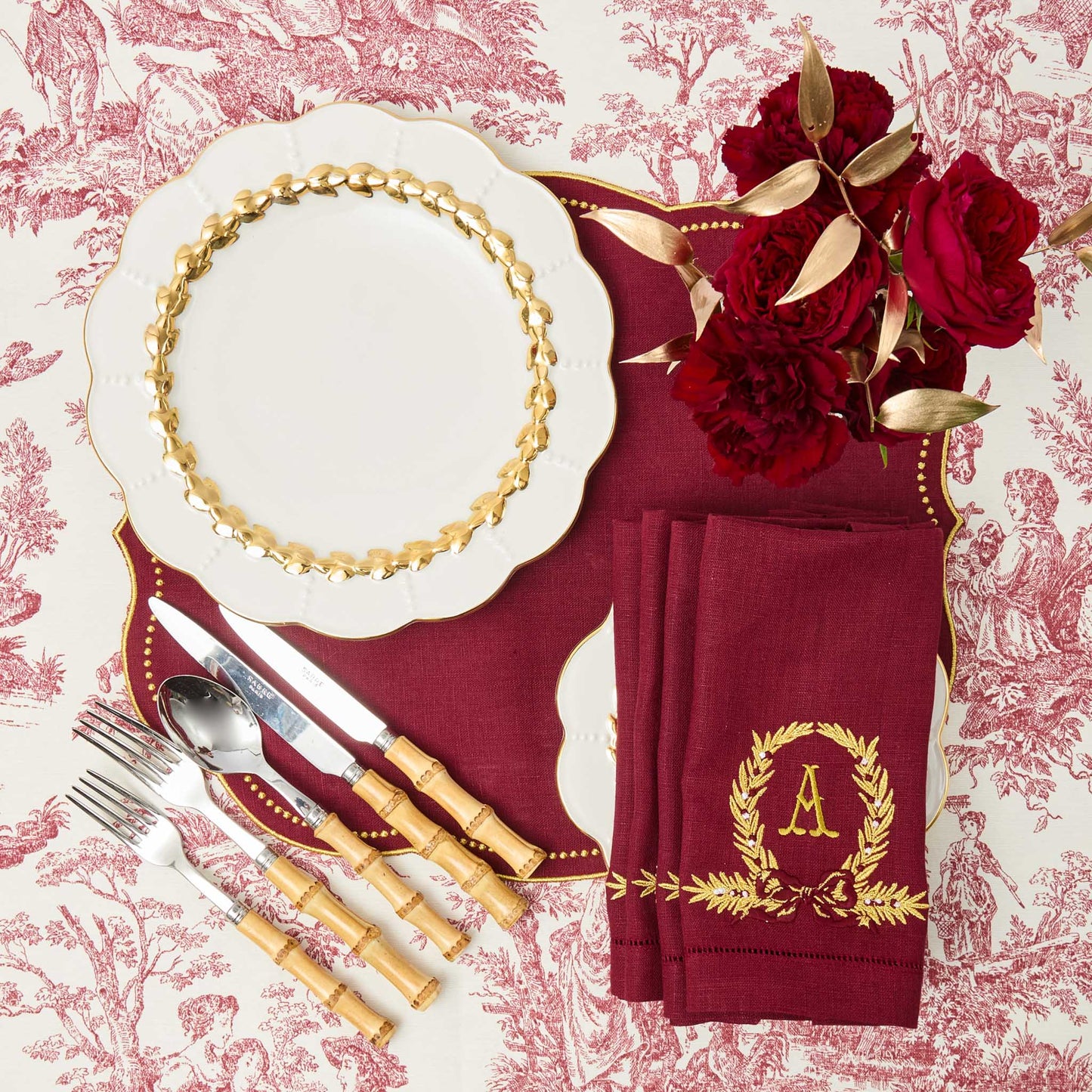 Burgundy Linen Placemats & Gold Bow Garland Napkins (Set of 4)