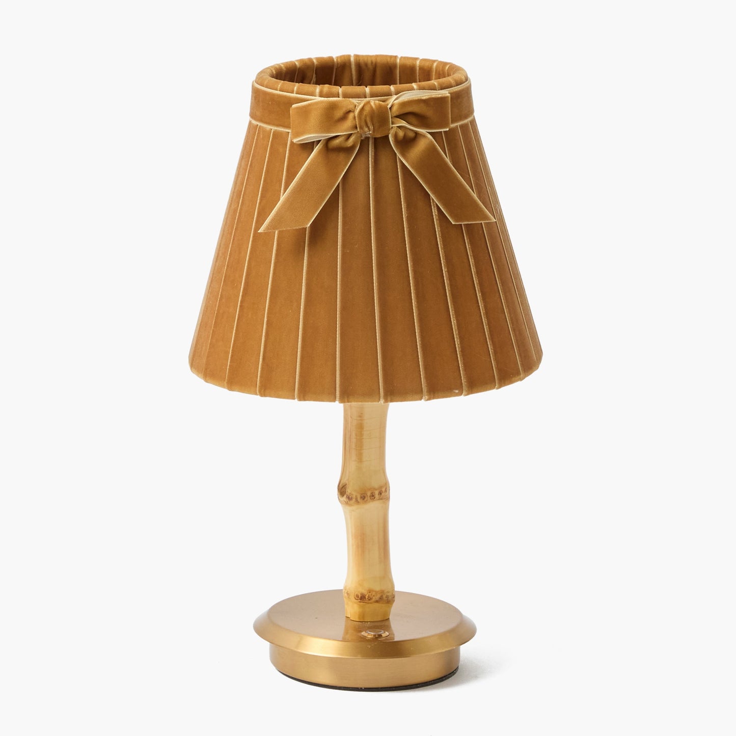 Bamboo Short Rechargeable Lamp with Mustard Velvet Bow Shade (18cm)
