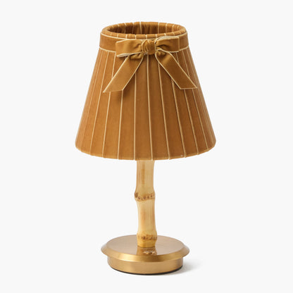 Bamboo Short Rechargeable Lamp with Mustard Velvet Bow Shade (18cm)