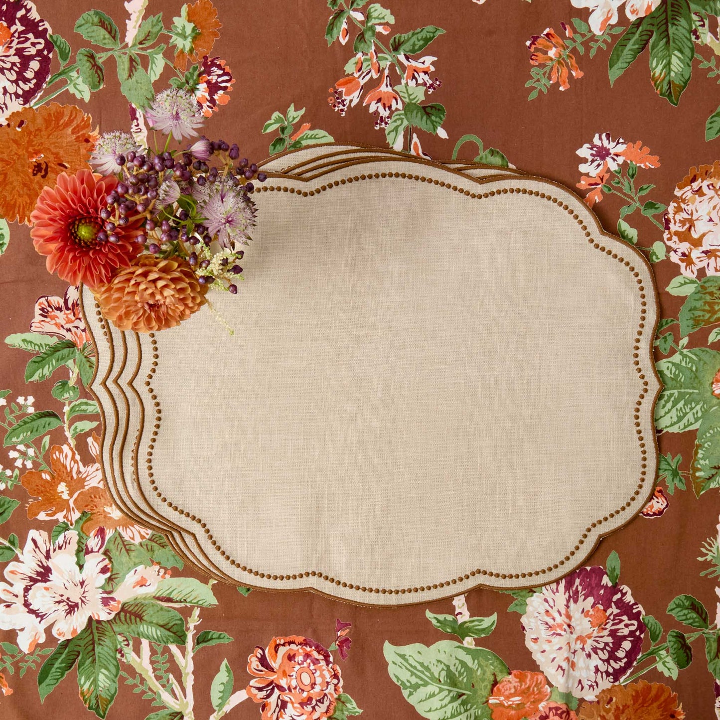Taupe & Chocolate Eloise Linen Placemats & Turkey Napkins (Set of 4)