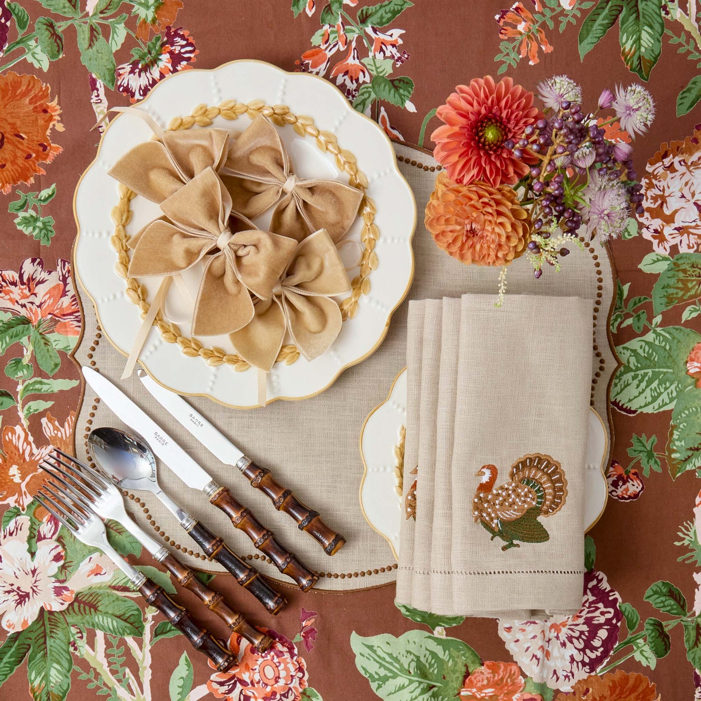 Taupe & Chocolate Eloise Linen Placemats & Turkey Napkins (Set of 4)