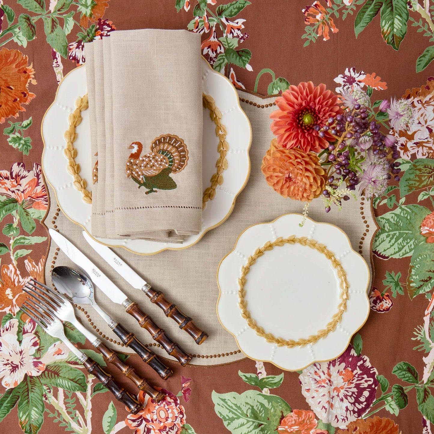 Taupe & Chocolate Eloise Linen Placemats & Turkey Napkins (Set of 4)