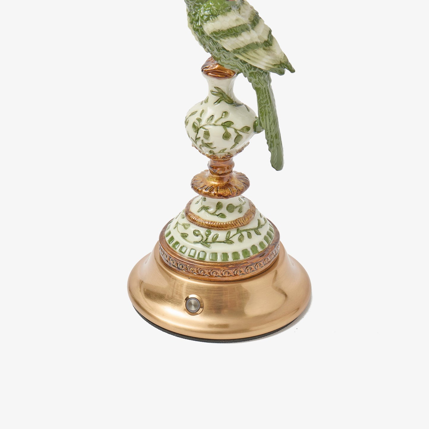 Olive Parrot Rechargeable Lamp with Cream Silk Frilled Shade (18cm)
