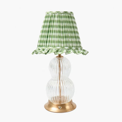 Glass Bardot Rechargeable Lamp with Olive Gingham Ruffle Shade (18cm)